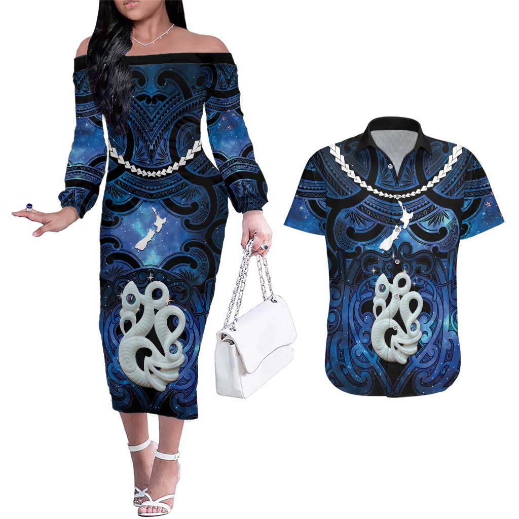 Personalized Maori Matariki Manaia Couples Matching Off The Shoulder Long Sleeve Dress and Hawaiian Shirt Maori Kowhaiwhai Pattern Galaxy