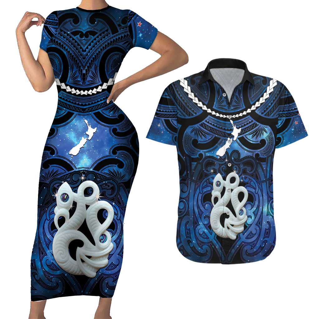 Personalized Maori Matariki Manaia Couples Matching Short Sleeve Bodycon Dress and Hawaiian Shirt Maori Kowhaiwhai Pattern Galaxy