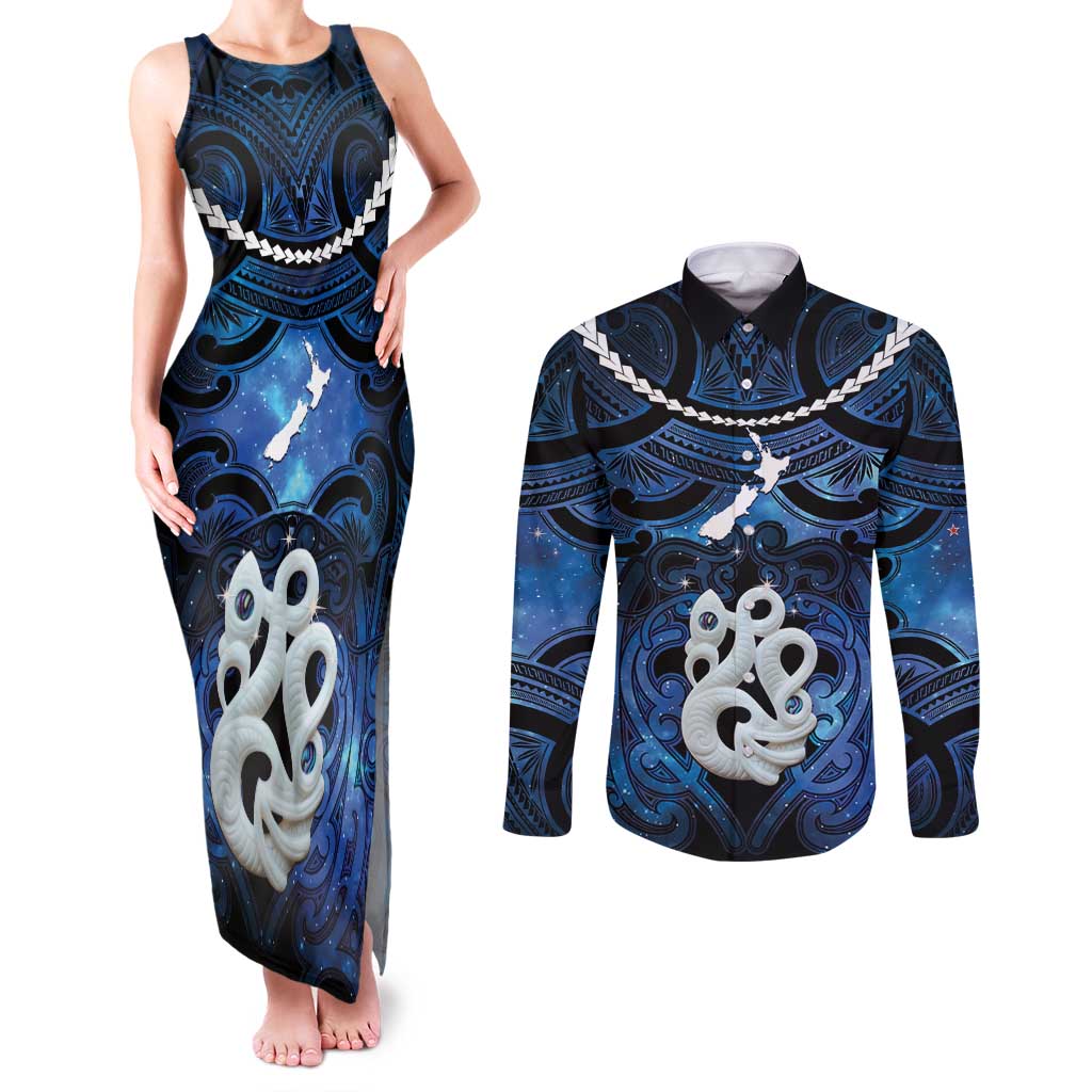 Personalized Maori Matariki Manaia Couples Matching Tank Maxi Dress and Long Sleeve Button Shirt Maori Kowhaiwhai Pattern Galaxy