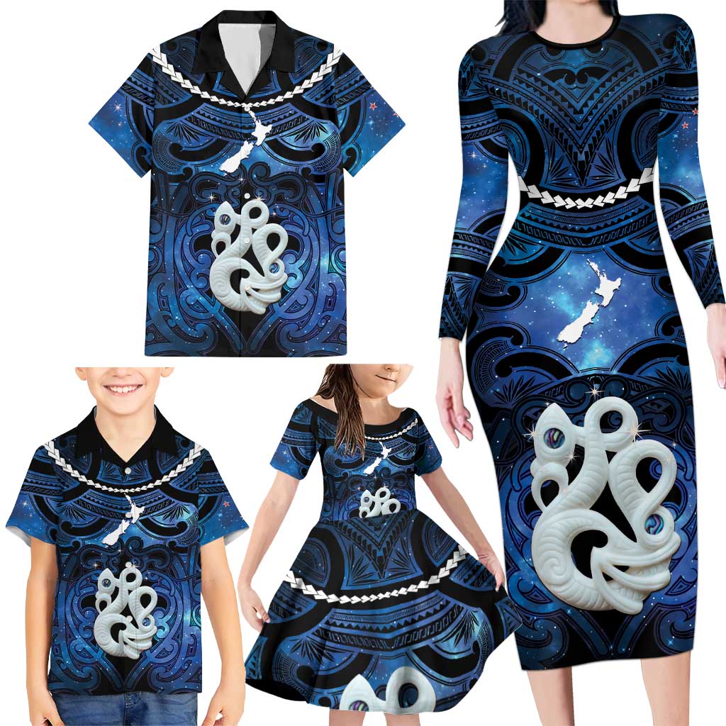 Personalized Maori Matariki Manaia Family Matching Long Sleeve Bodycon Dress and Hawaiian Shirt Maori Kowhaiwhai Pattern Galaxy