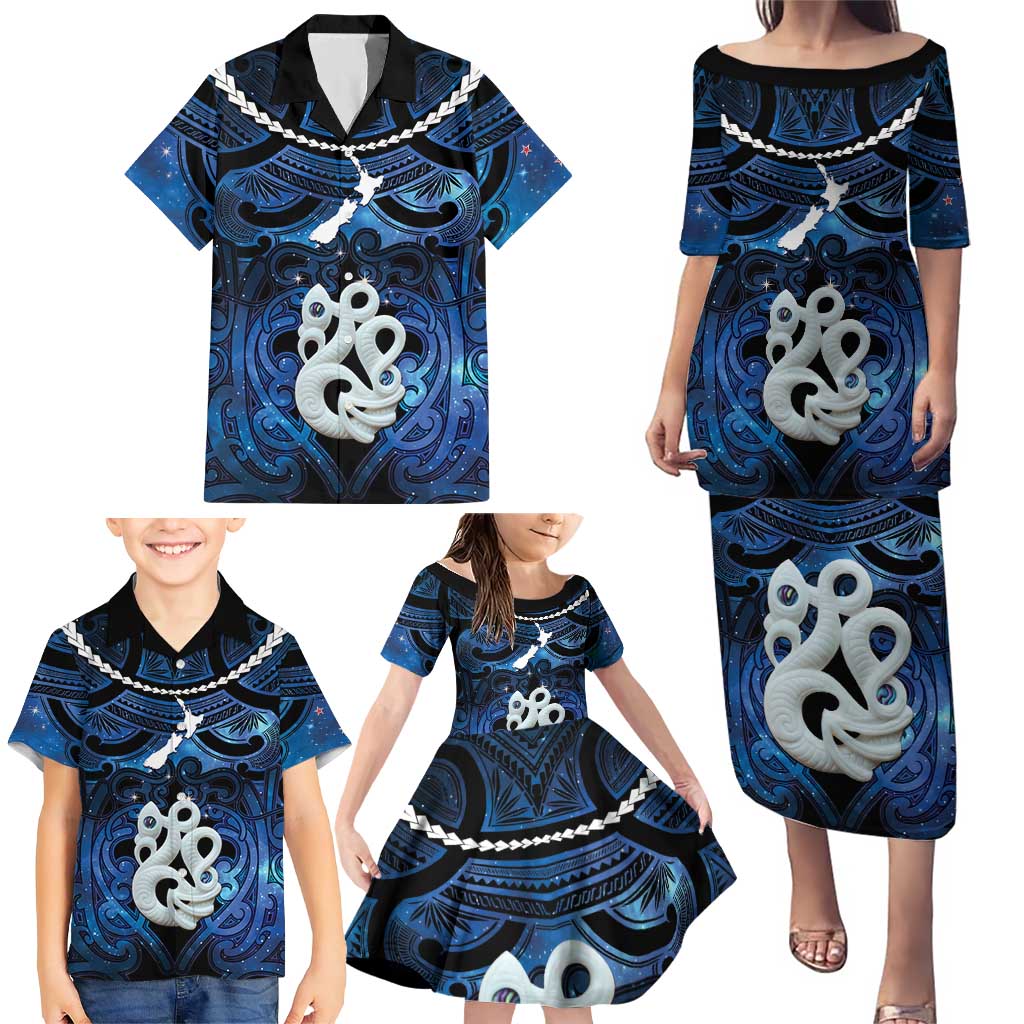 Personalized Maori Matariki Manaia Family Matching Puletasi and Hawaiian Shirt Maori Kowhaiwhai Pattern Galaxy