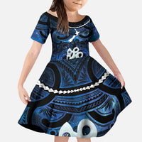 Personalized Maori Matariki Manaia Kid Short Sleeve Dress Maori Kowhaiwhai Pattern Galaxy LT01 KID Blue - Polynesian Pride