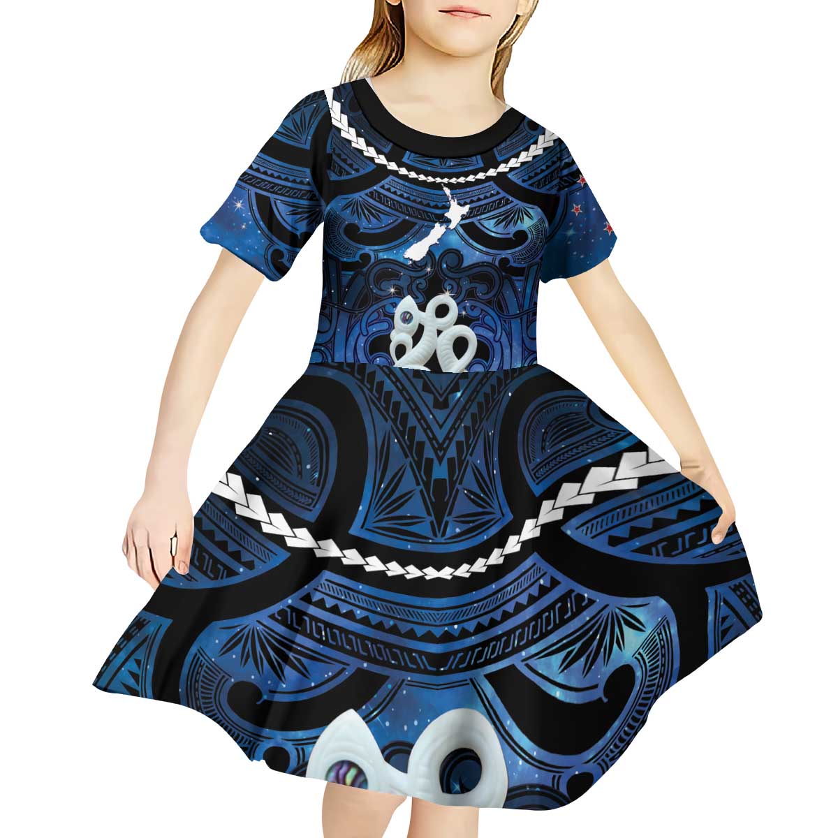 Personalized Maori Matariki Manaia Kid Short Sleeve Dress Maori Kowhaiwhai Pattern Galaxy LT01 - Polynesian Pride
