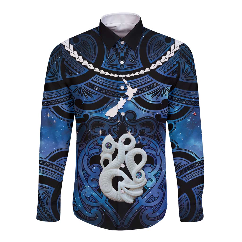 Personalized Maori Matariki Manaia Long Sleeve Button Shirt Maori Kowhaiwhai Pattern Galaxy