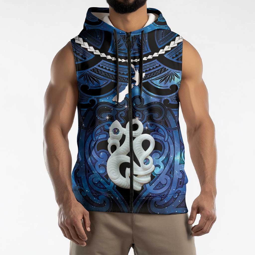 Personalized Maori Matariki Manaia Sleeveless Zip Hoodie Maori Kowhaiwhai Pattern Galaxy LT01 - Polynesian Pride