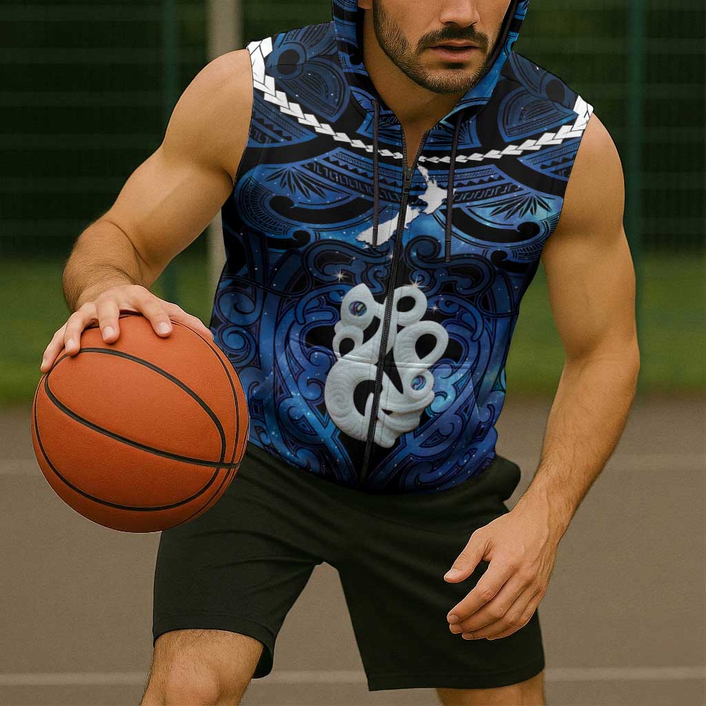 Personalized Maori Matariki Manaia Sleeveless Zip Hoodie Maori Kowhaiwhai Pattern Galaxy LT01 - Polynesian Pride