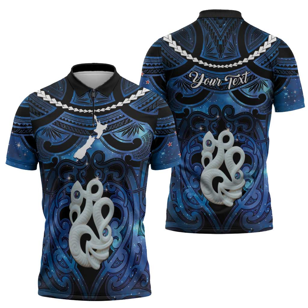 Personalized Maori Matariki Manaia Zipper Polo Shirt Maori Kowhaiwhai Pattern Galaxy
