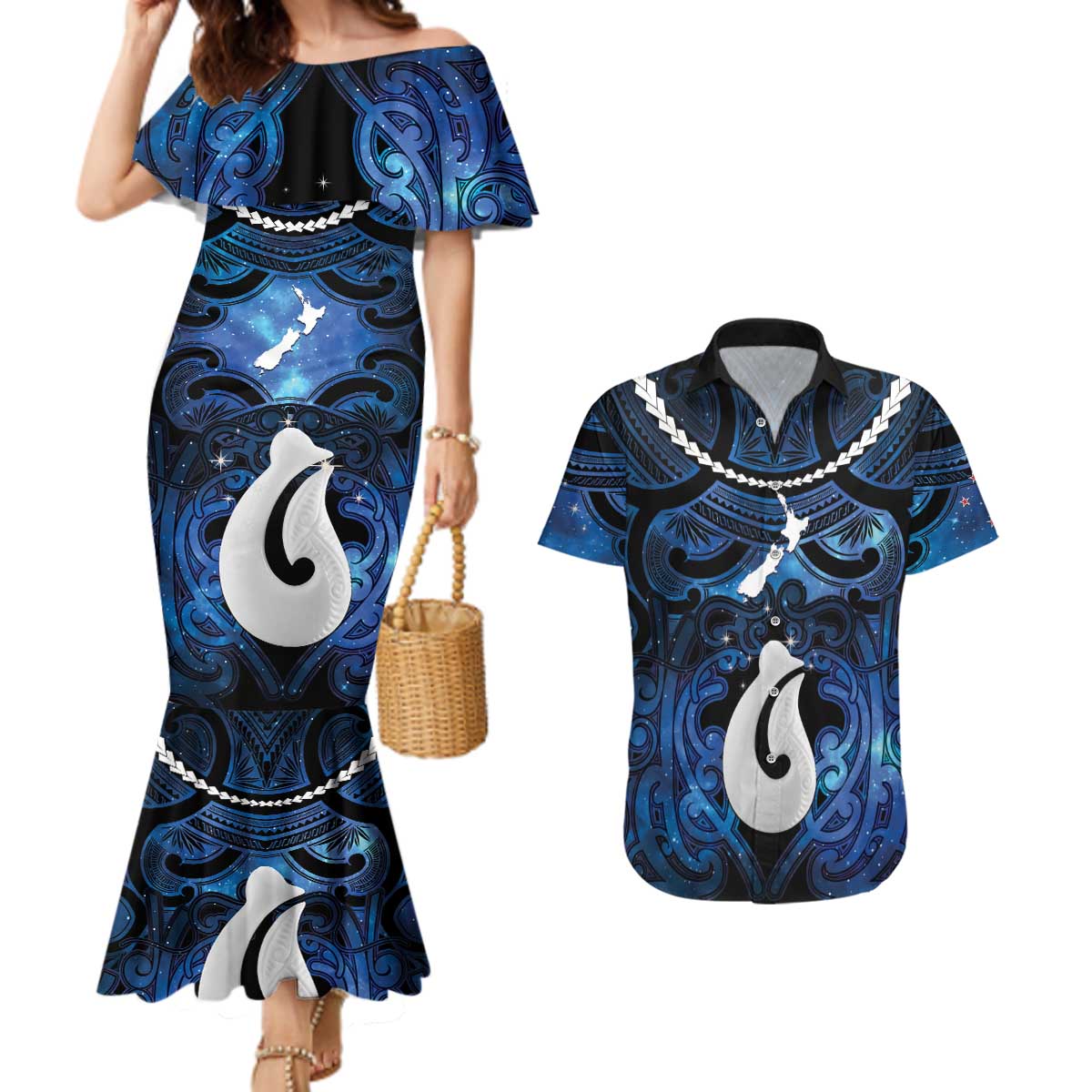 Personalized Maori Matariki Hei Matau Couples Matching Mermaid Dress and Hawaiian Shirt Maori Kowhaiwhai Pattern Galaxy