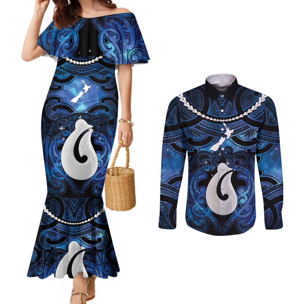 Personalized Maori Matariki Hei Matau Couples Matching Mermaid Dress and Long Sleeve Button Shirt Maori Kowhaiwhai Pattern Galaxy