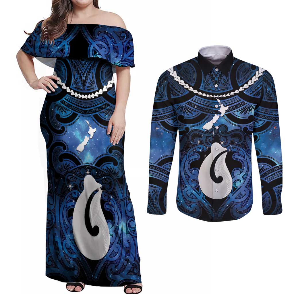 Personalized Maori Matariki Hei Matau Couples Matching Off Shoulder Maxi Dress and Long Sleeve Button Shirt Maori Kowhaiwhai Pattern Galaxy