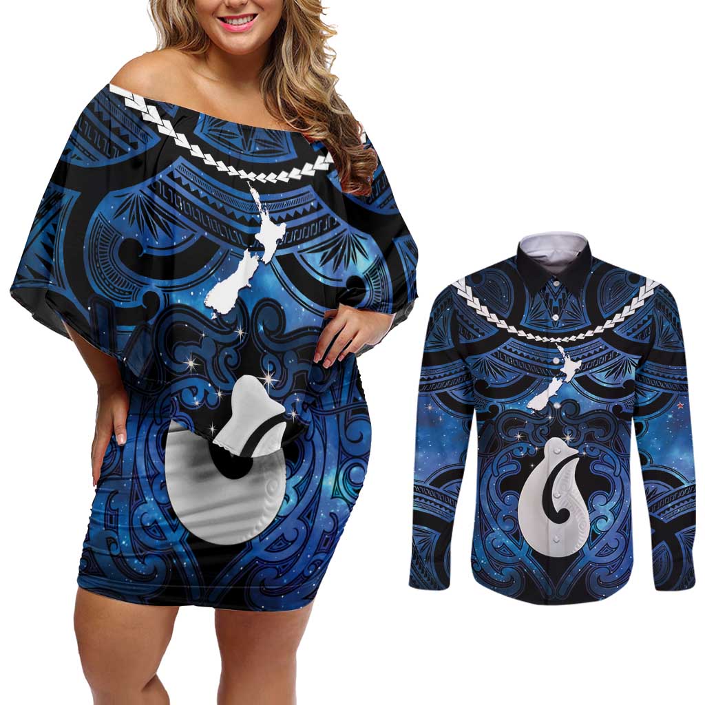 Personalized Maori Matariki Hei Matau Couples Matching Off Shoulder Short Dress and Long Sleeve Button Shirt Maori Kowhaiwhai Pattern Galaxy LT01 Blue - Polynesian Pride