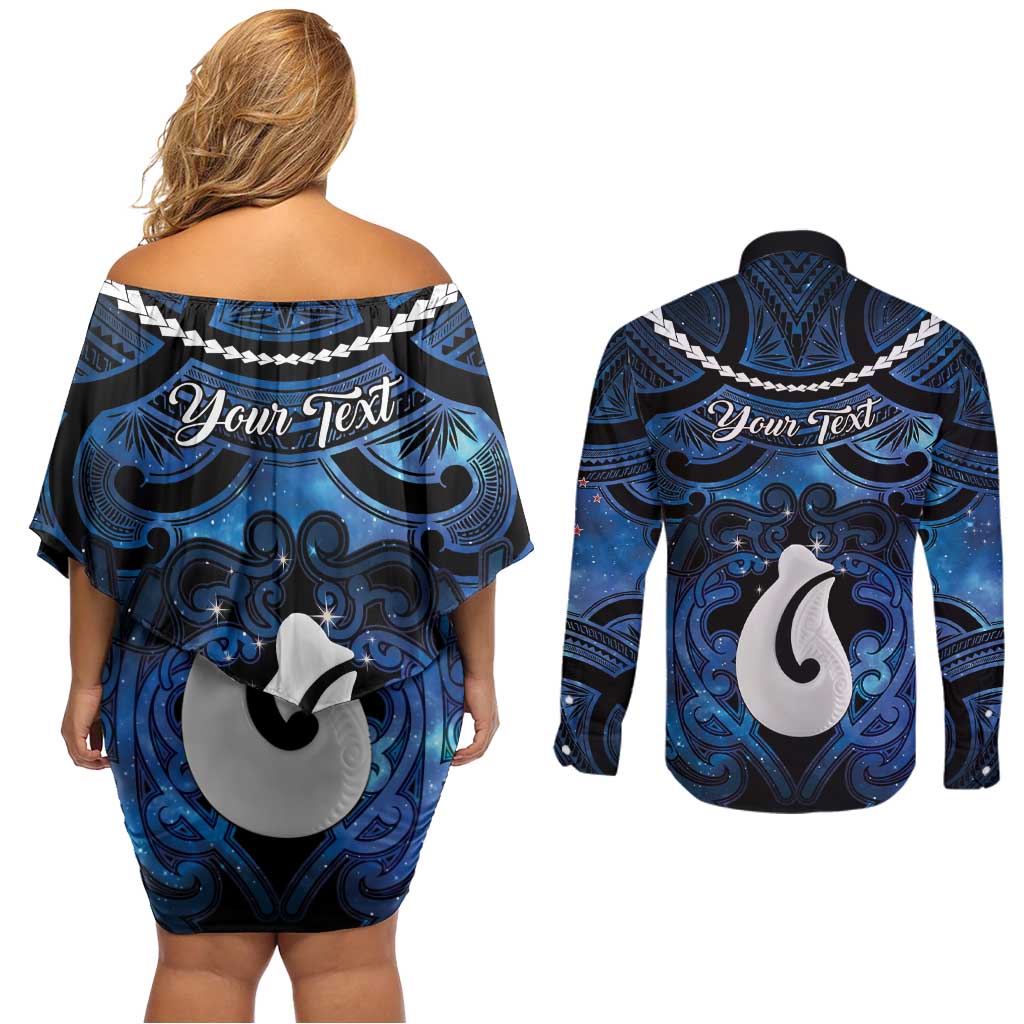Personalized Maori Matariki Hei Matau Couples Matching Off Shoulder Short Dress and Long Sleeve Button Shirt Maori Kowhaiwhai Pattern Galaxy LT01 - Polynesian Pride