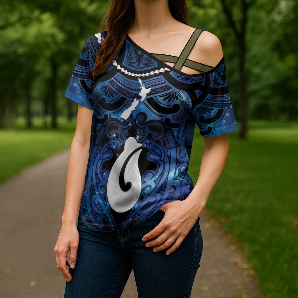 Personalized Maori Matariki Hei Matau Cross Shoulder Shirt Maori Kowhaiwhai Pattern Galaxy LT01 - Polynesian Pride