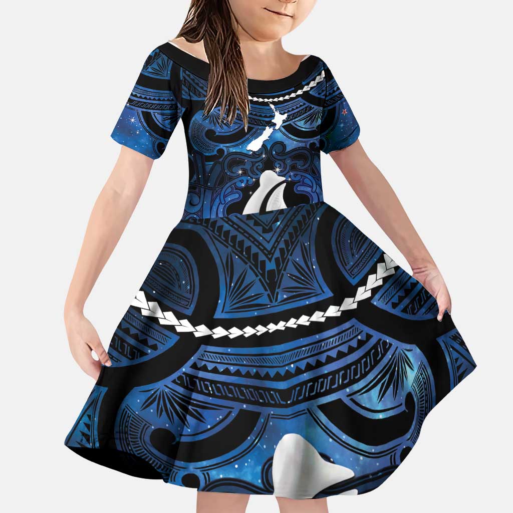 Personalized Maori Matariki Hei Matau Family Matching Off Shoulder Short Dress and Hawaiian Shirt Maori Kowhaiwhai Pattern Galaxy