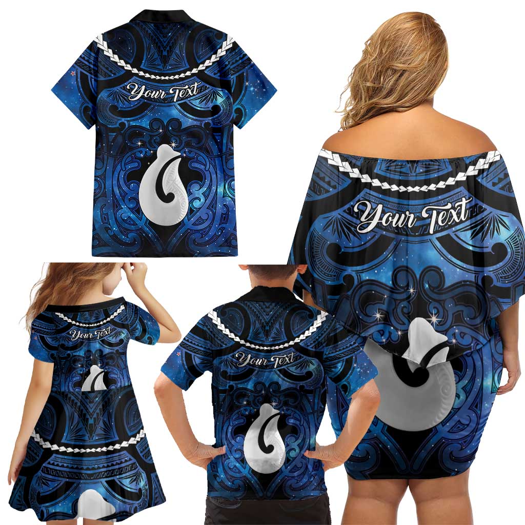 Personalized Maori Matariki Hei Matau Family Matching Off Shoulder Short Dress and Hawaiian Shirt Maori Kowhaiwhai Pattern Galaxy