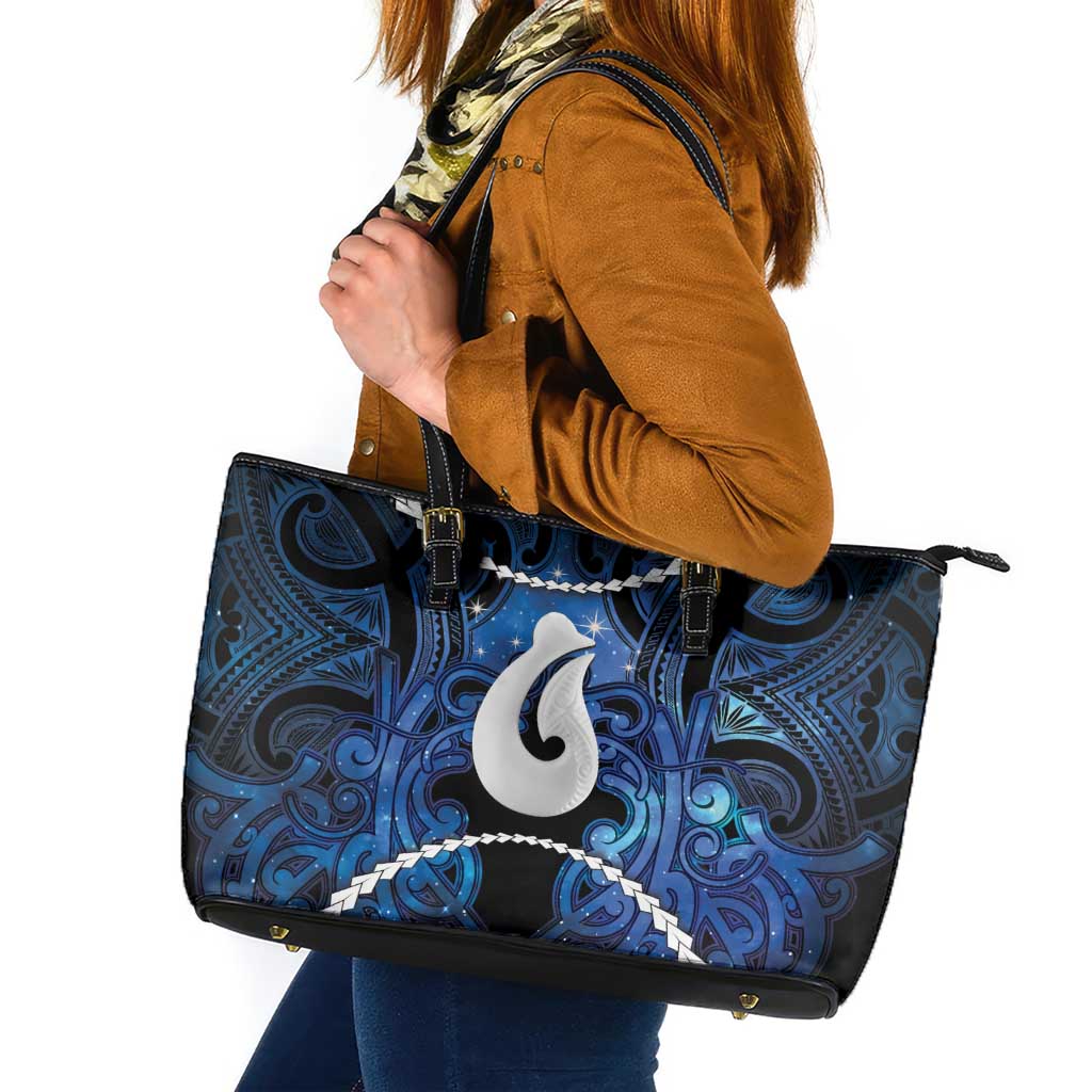 Maori Matariki Hei Matau Leather Tote Bag Maori Kowhaiwhai Pattern Galaxy
