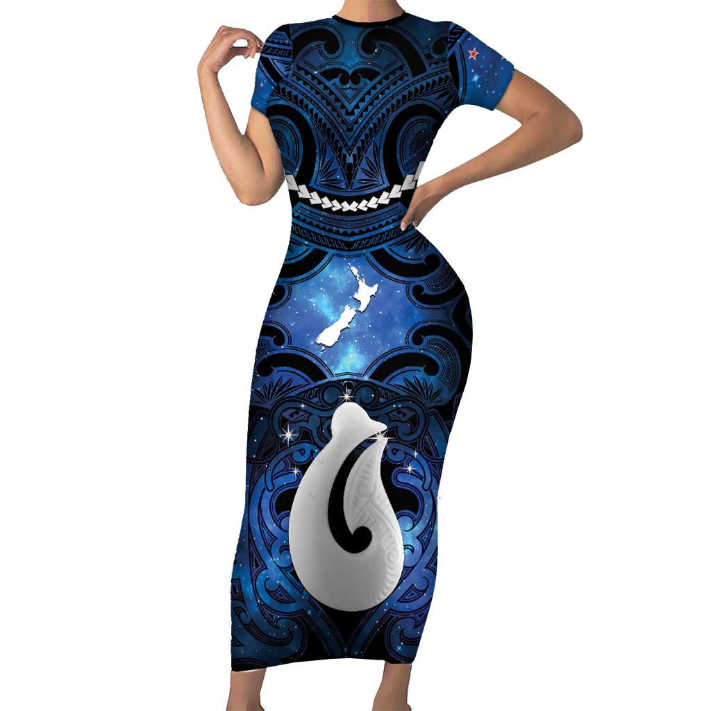 Personalized Maori Matariki Hei Matau Short Sleeve Bodycon Dress Maori Kowhaiwhai Pattern Galaxy LT01 Long Dress Blue - Polynesian Pride