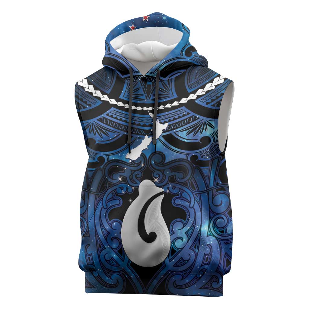 Personalized Maori Matariki Hei Matau Sleeveless Hoodie Maori Kowhaiwhai Pattern Galaxy LT01 Blue - Polynesian Pride