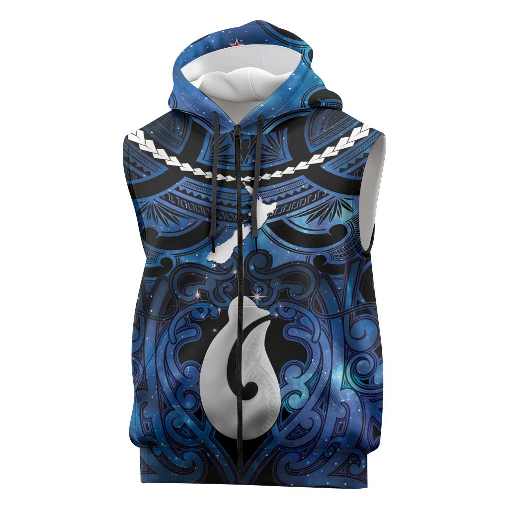 Personalized Maori Matariki Hei Matau Sleeveless Zip Hoodie Maori Kowhaiwhai Pattern Galaxy