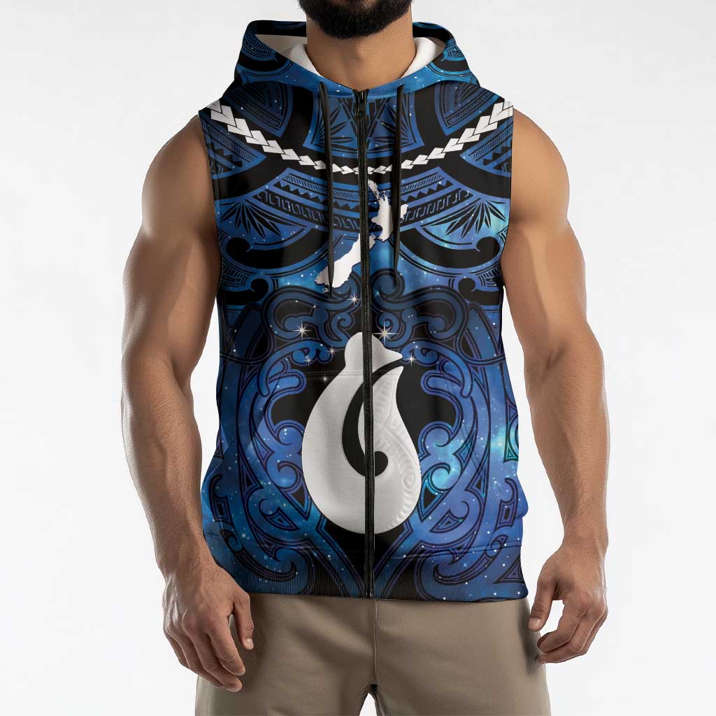 Personalized Maori Matariki Hei Matau Sleeveless Zip Hoodie Maori Kowhaiwhai Pattern Galaxy