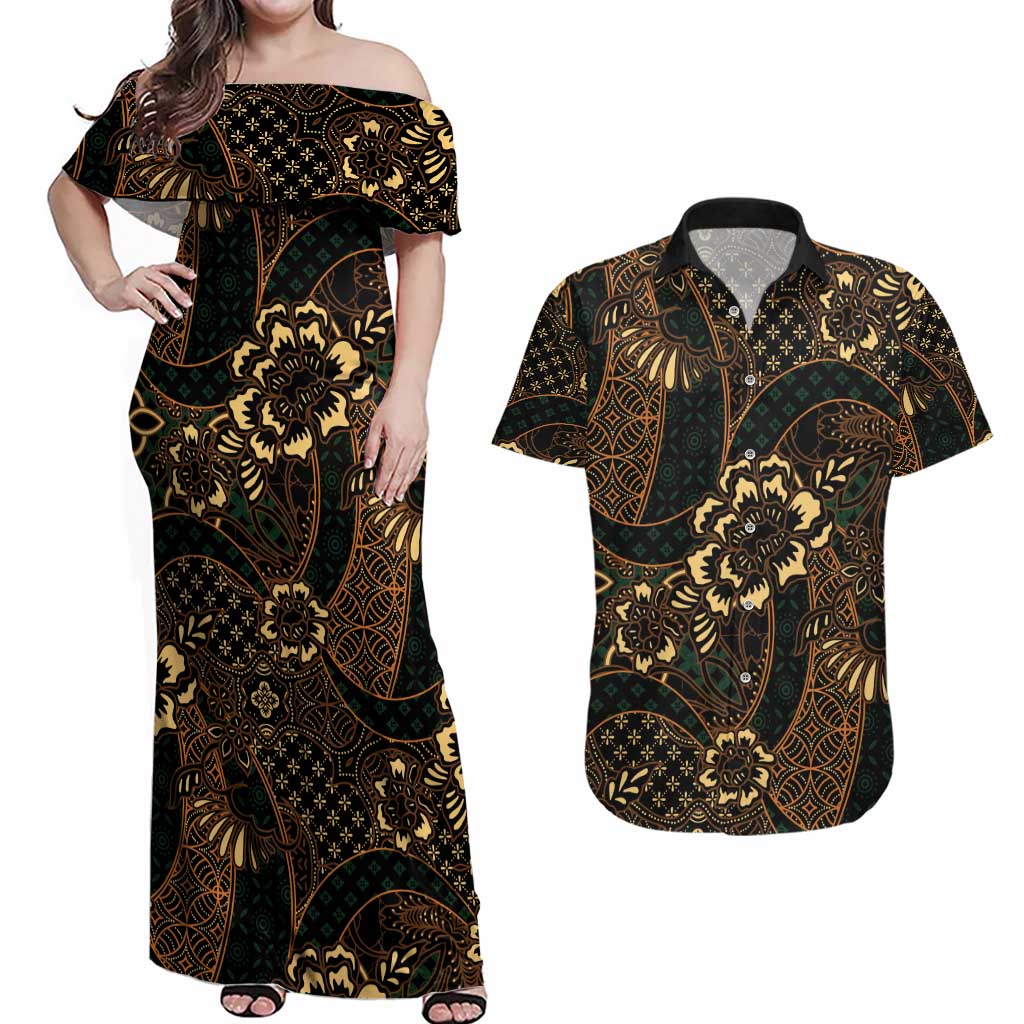 Indonesian Batik Pattern Vintage Brown Couples Matching Off Shoulder Maxi Dress and Hawaiian Shirt LT01 Brown - Polynesian Pride