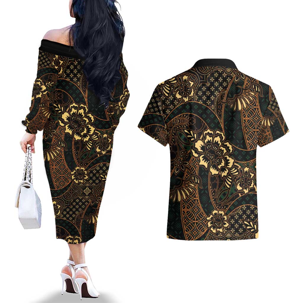 Indonesian Batik Pattern Vintage Brown Couples Matching Off The Shoulder Long Sleeve Dress and Hawaiian Shirt