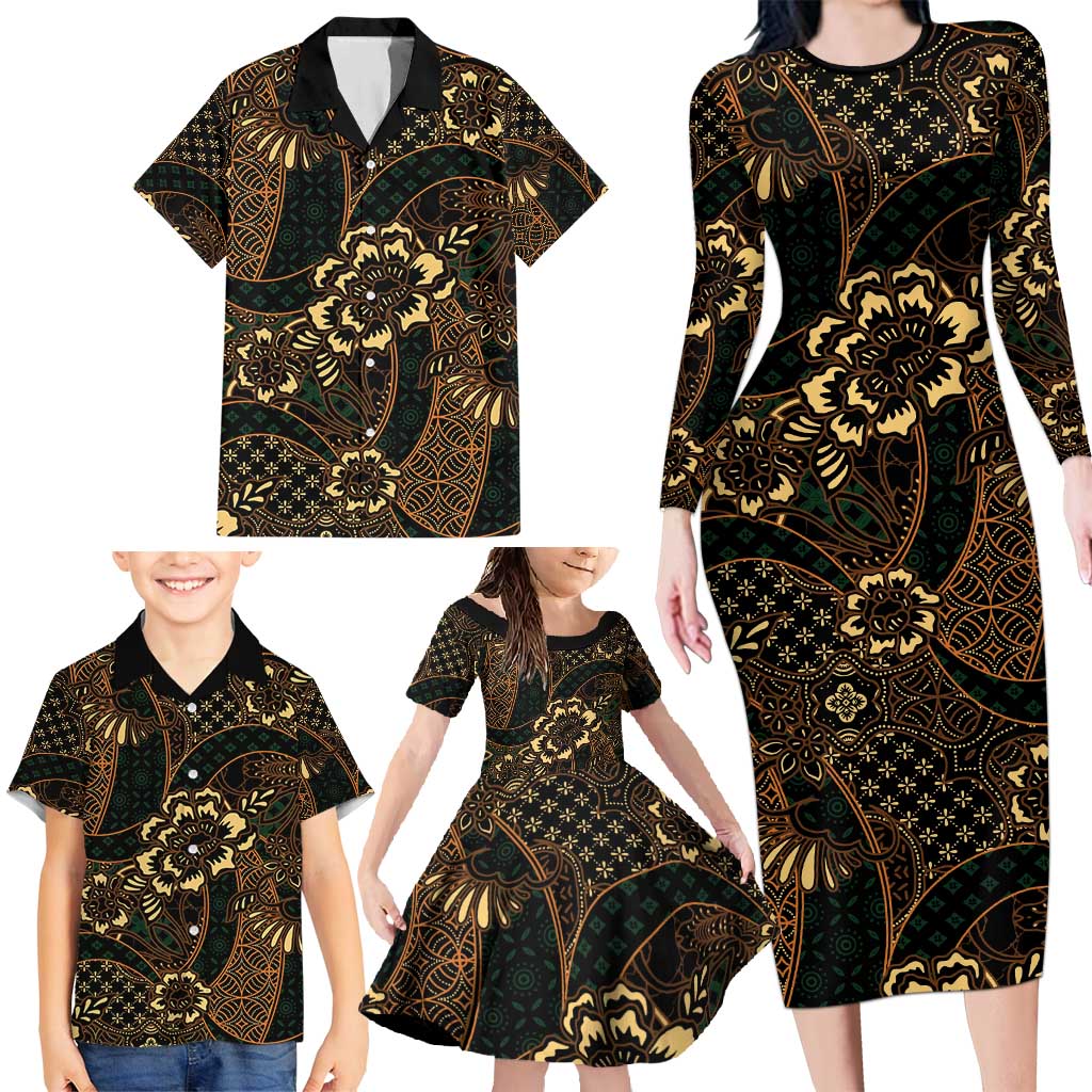 Indonesian Batik Pattern Vintage Brown Family Matching Long Sleeve Bodycon Dress and Hawaiian Shirt