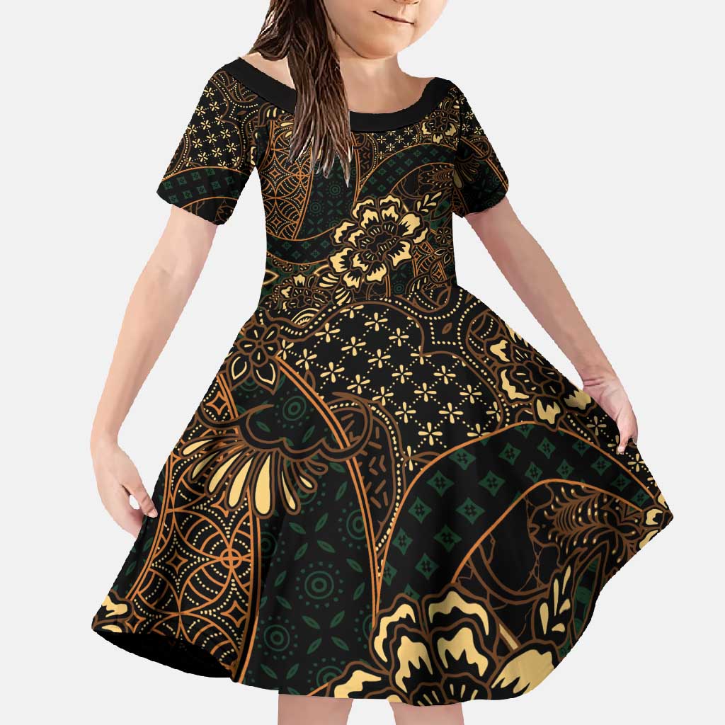 Indonesian Batik Pattern Vintage Brown Family Matching Mermaid Dress and Hawaiian Shirt LT01 Daughter's Dress Brown - Polynesian Pride
