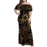 Indonesian Batik Pattern Vintage Brown Family Matching Off Shoulder Maxi Dress and Hawaiian Shirt