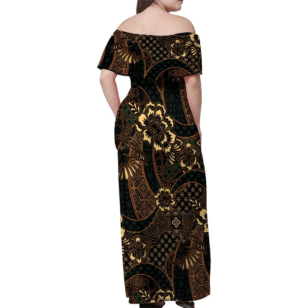 Indonesian Batik Pattern Vintage Brown Family Matching Off Shoulder Maxi Dress and Hawaiian Shirt