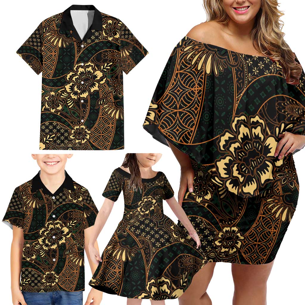 Indonesian Batik Pattern Vintage Brown Family Matching Off Shoulder Short Dress and Hawaiian Shirt