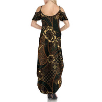 Indonesian Batik Pattern Vintage Brown Family Matching Summer Maxi Dress and Hawaiian Shirt