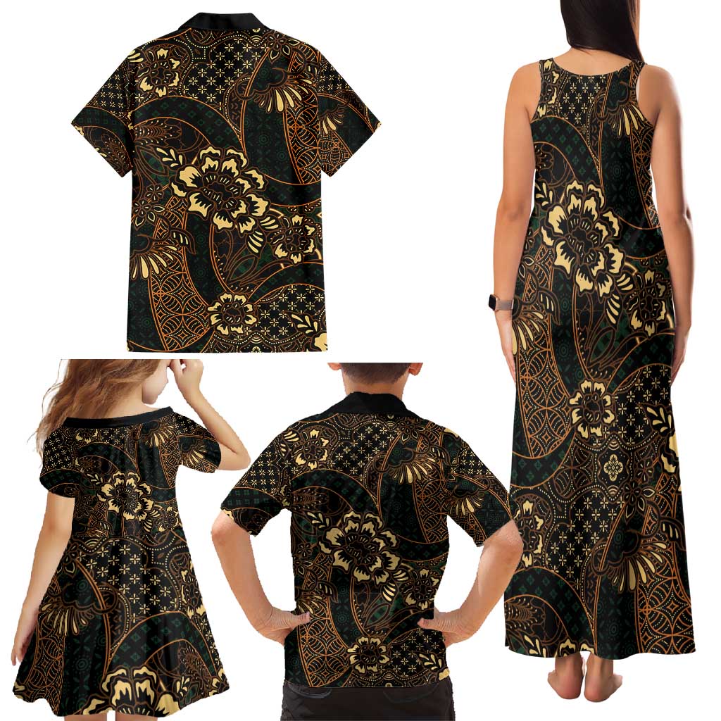 Indonesian Batik Pattern Vintage Brown Family Matching Tank Maxi Dress and Hawaiian Shirt
