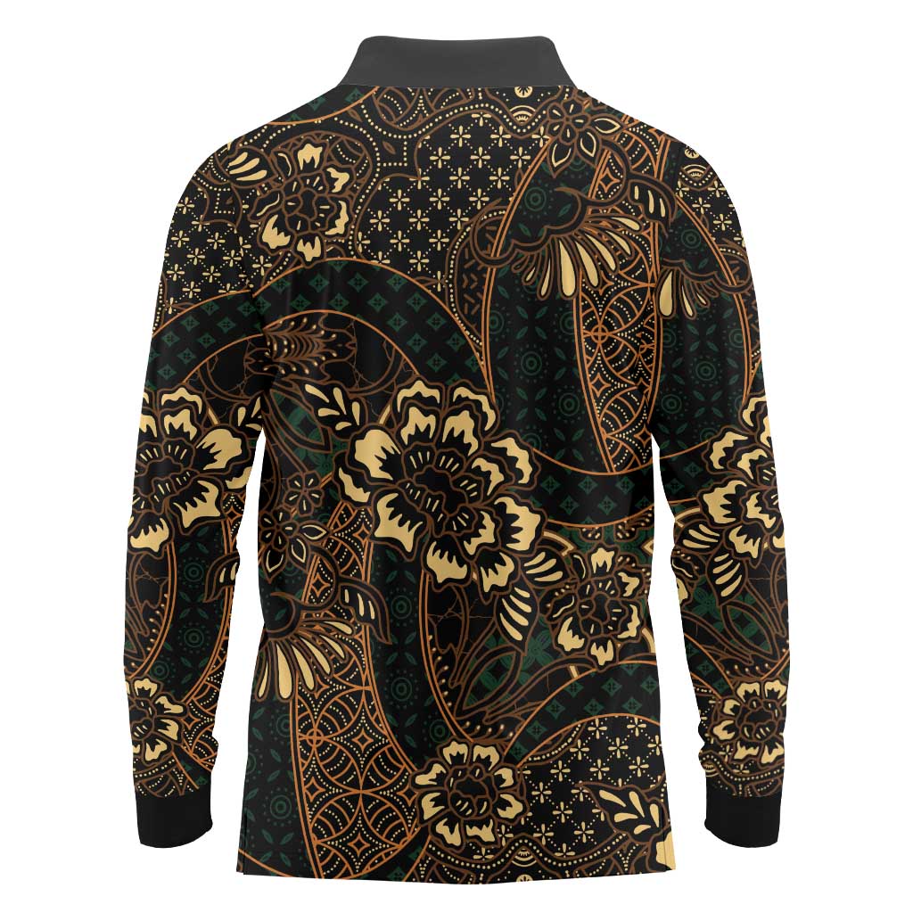Indonesian Batik Pattern Vintage Brown Long Sleeve Polo Shirt