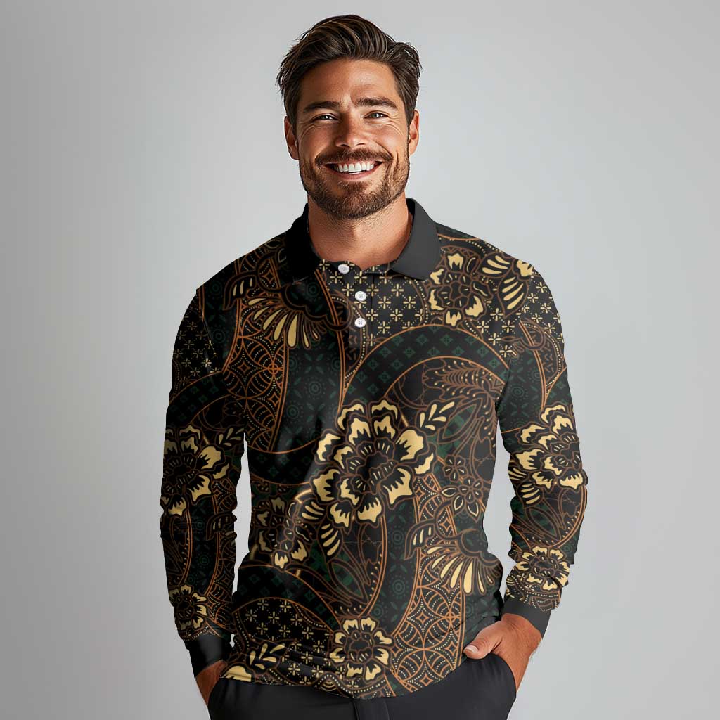 Indonesian Batik Pattern Vintage Brown Long Sleeve Polo Shirt