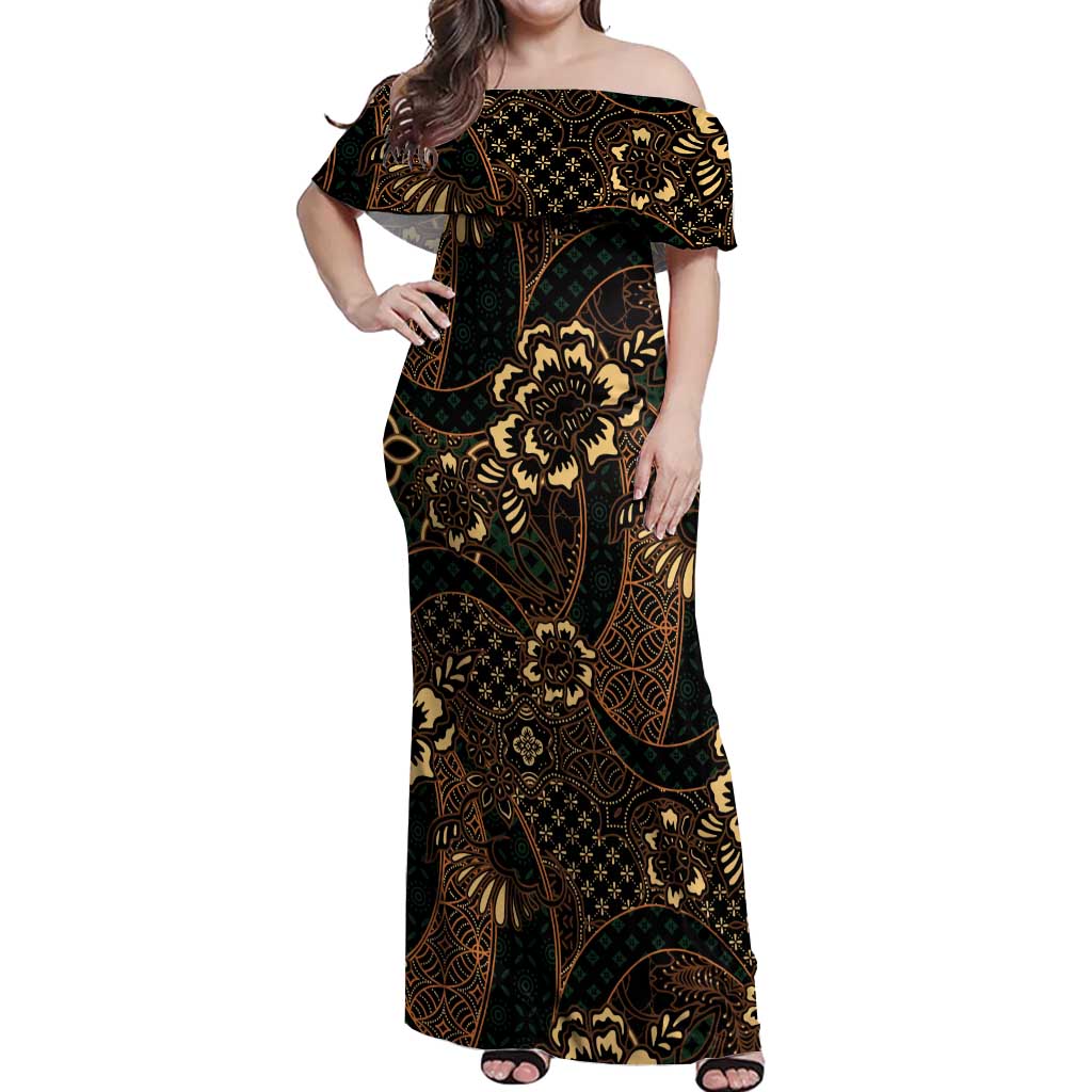 indonesian maxi dress Indonesian Batik Pattern Vintage Brown Off Shoulder Maxi Dress