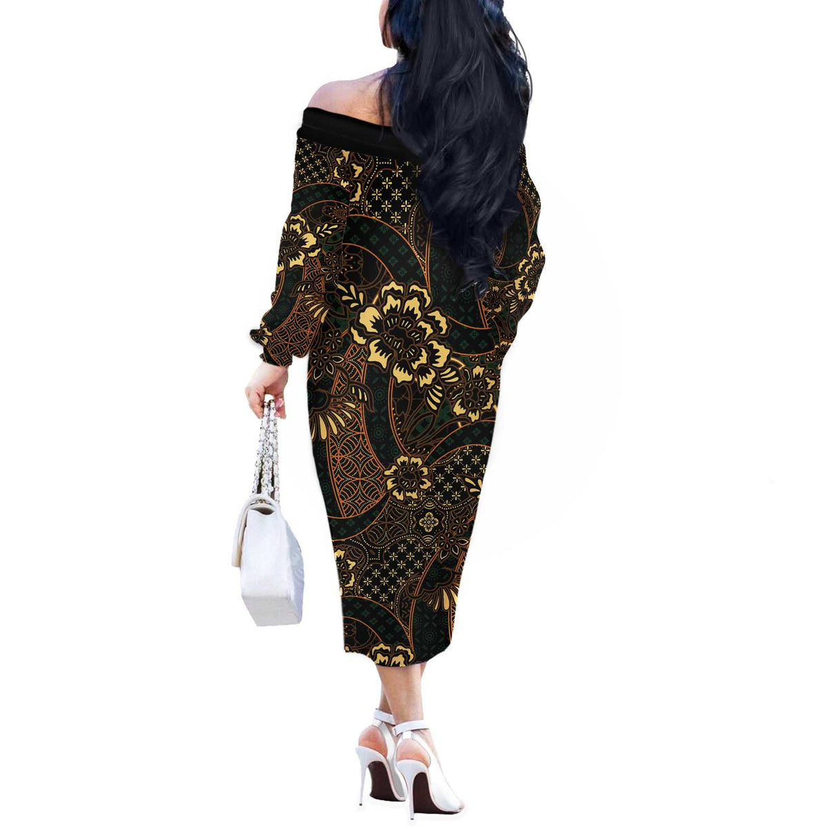 Indonesian Batik Pattern Vintage Brown Off The Shoulder Long Sleeve Dress - Polynesian Pride Indonesian Batik Pattern Vintage Brown Off The Shoulder Long Sleeve Dress - Polynesian Pride