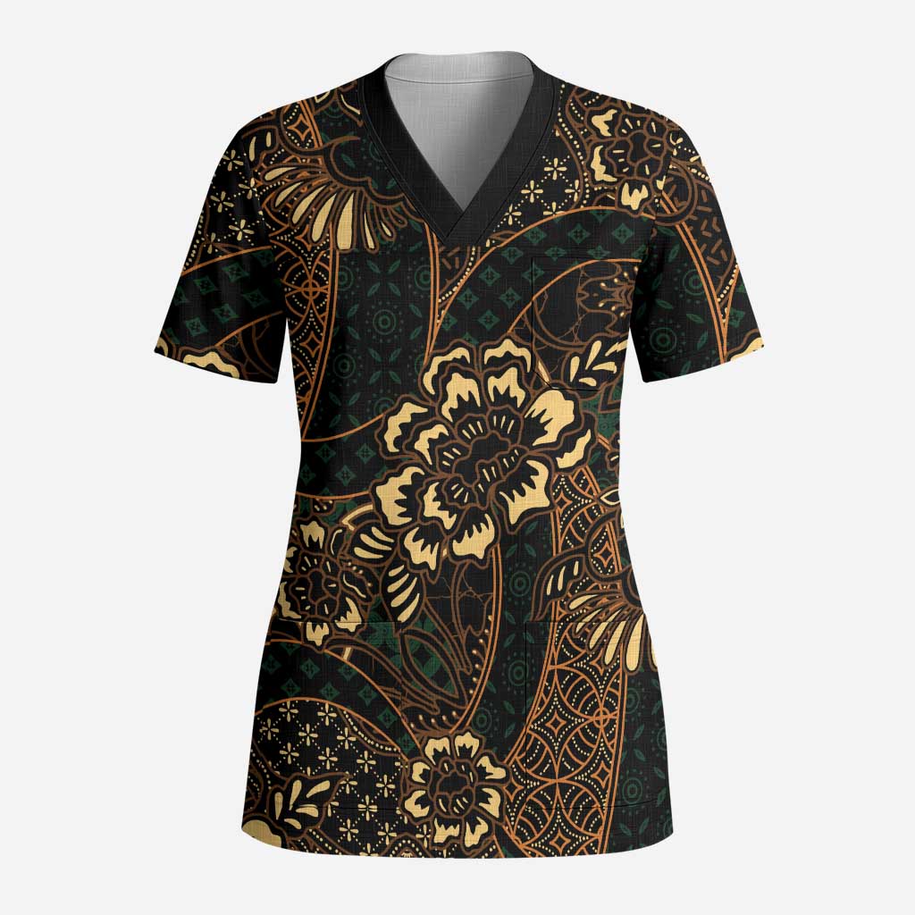 Indonesian Batik Pattern Vintage Brown Scrub Top - Polynesian Pride