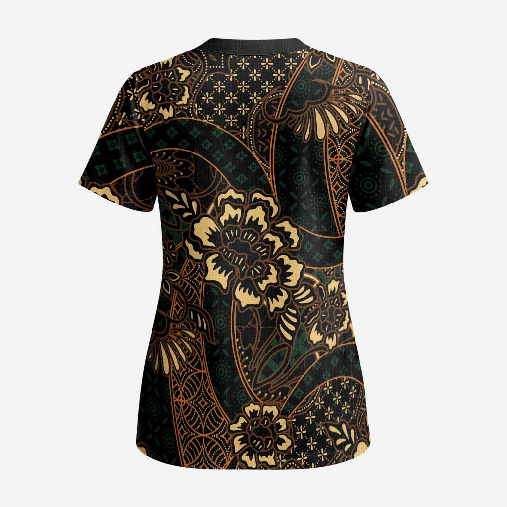 Indonesian Batik Pattern Vintage Brown Scrub Top - Polynesian Pride
