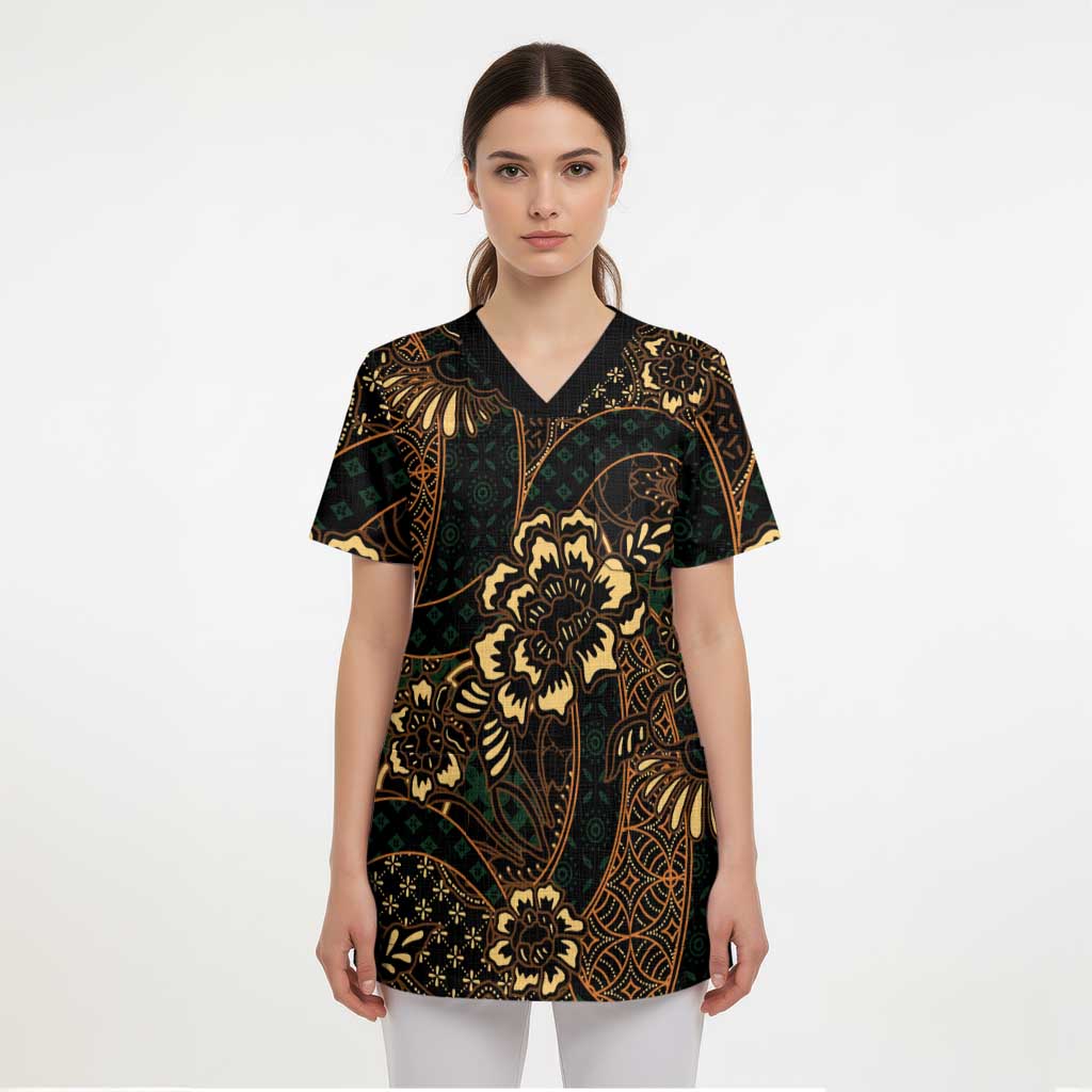 Indonesian Batik Pattern Vintage Brown Scrub Top - Polynesian Pride