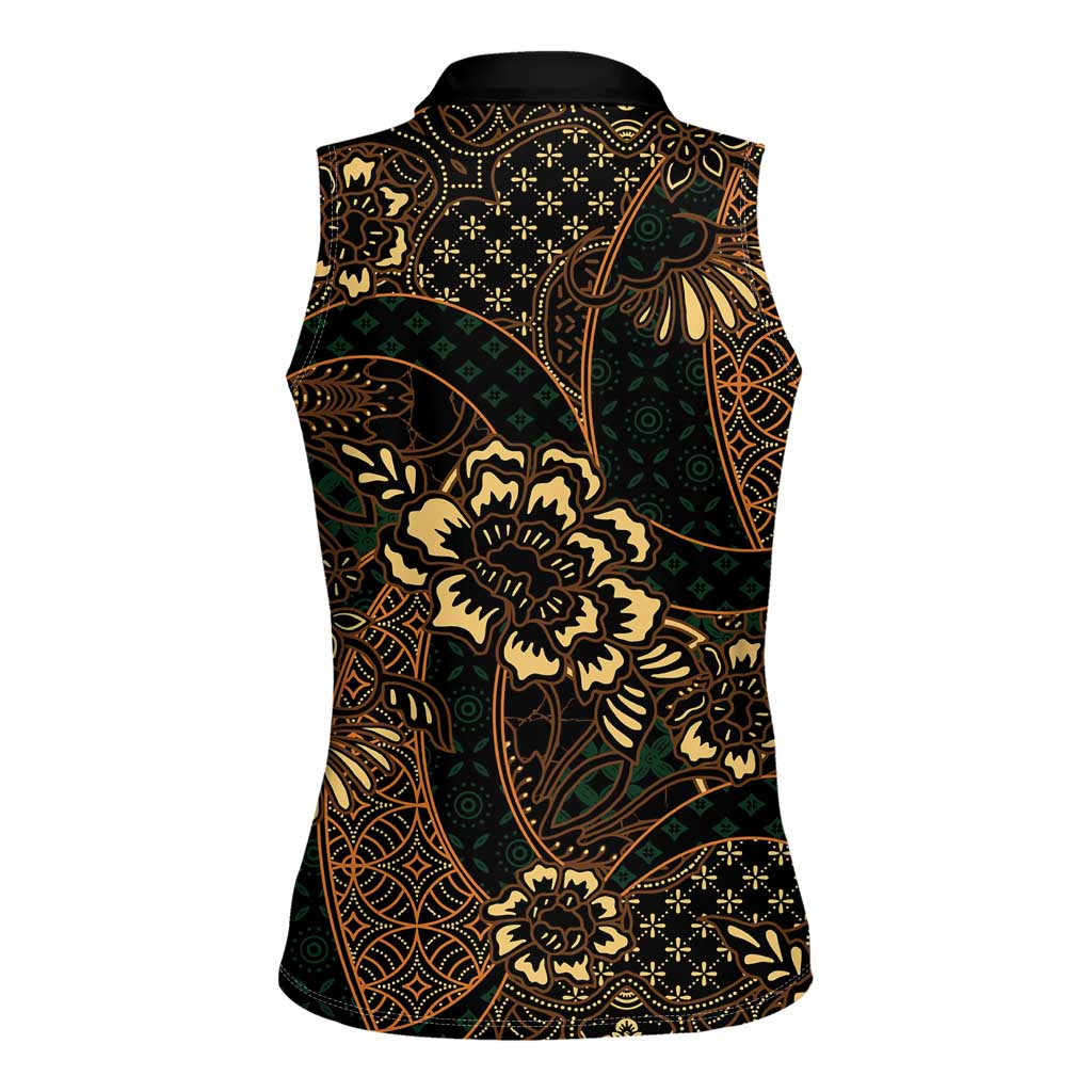 Indonesian Batik Pattern Vintage Brown Women Sleeveless Polo Shirt