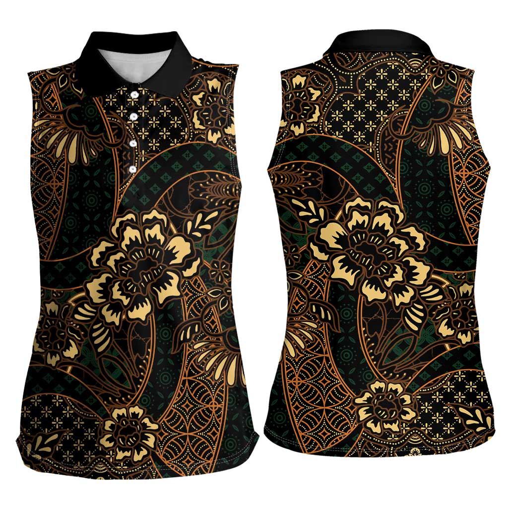 Indonesian Batik Pattern Vintage Brown Women Sleeveless Polo Shirt