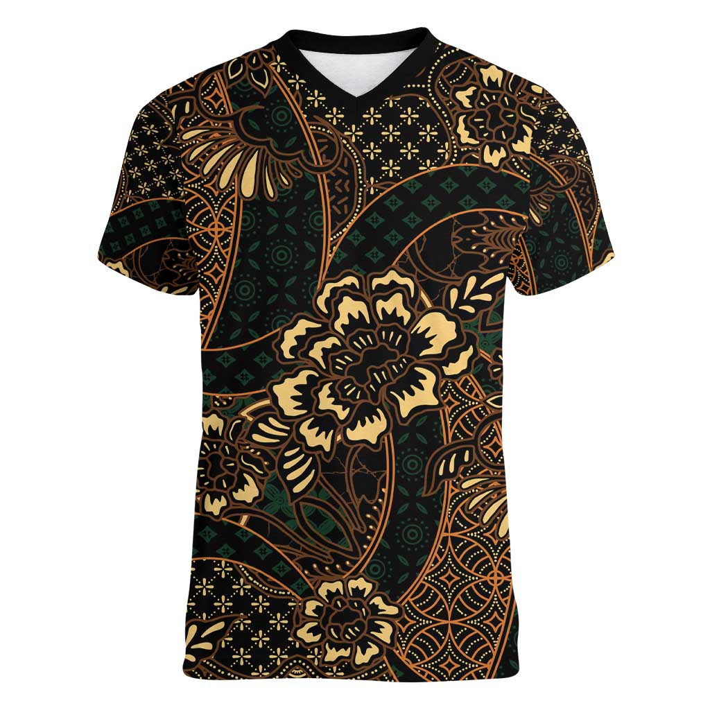 Indonesian Batik Pattern Vintage Brown Women V-Neck T-Shirt