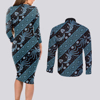 Indonesia Batik Pattern Couples Matching Long Sleeve Bodycon Dress and Long Sleeve Button Shirt Blue Version