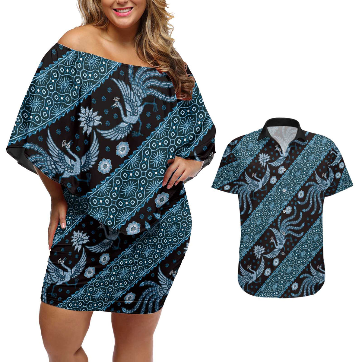 Indonesia Batik Pattern Couples Matching Off Shoulder Short Dress and Hawaiian Shirt Blue Version