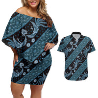 Indonesia Batik Pattern Couples Matching Off Shoulder Short Dress and Hawaiian Shirt Blue Version