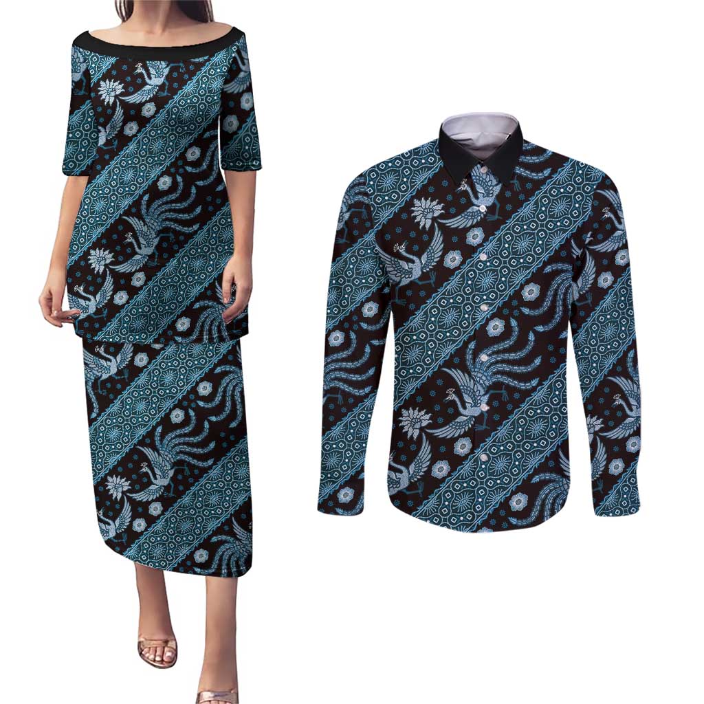 Indonesia Batik Pattern Couples Matching Puletasi and Long Sleeve Button Shirt Blue Version