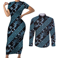 Indonesia Batik Pattern Couples Matching Short Sleeve Bodycon Dress and Long Sleeve Button Shirt Blue Version