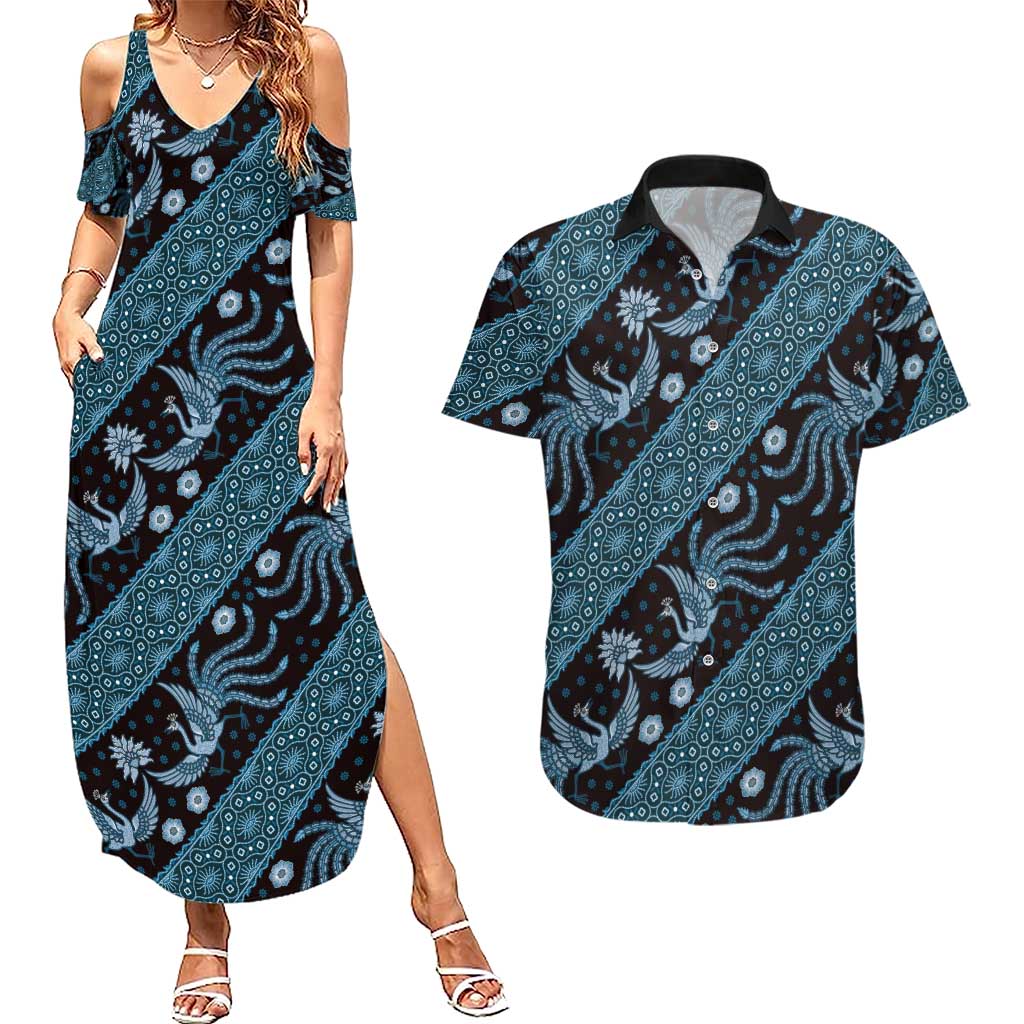 Indonesia Batik Pattern Couples Matching Summer Maxi Dress and Hawaiian Shirt Blue Version