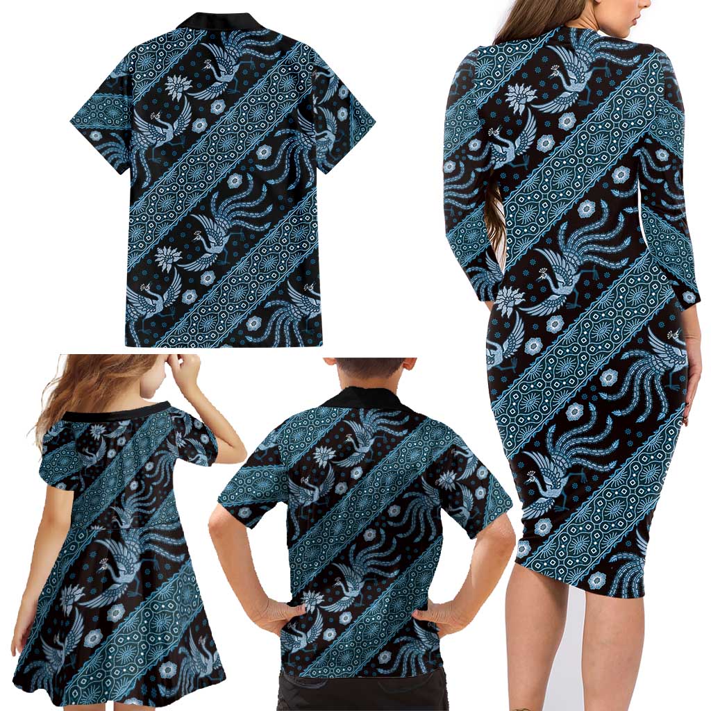 Indonesia Batik Pattern Family Matching Long Sleeve Bodycon Dress and Hawaiian Shirt Blue Version Indonesia Batik Pattern Family Matching Long Sleeve Bodycon Dress and Hawaiian Shirt Blue Version